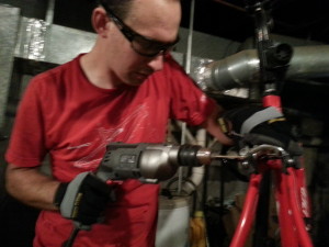 Just another Friday night for Tim, drillin' out a stripped bolt at 2am...