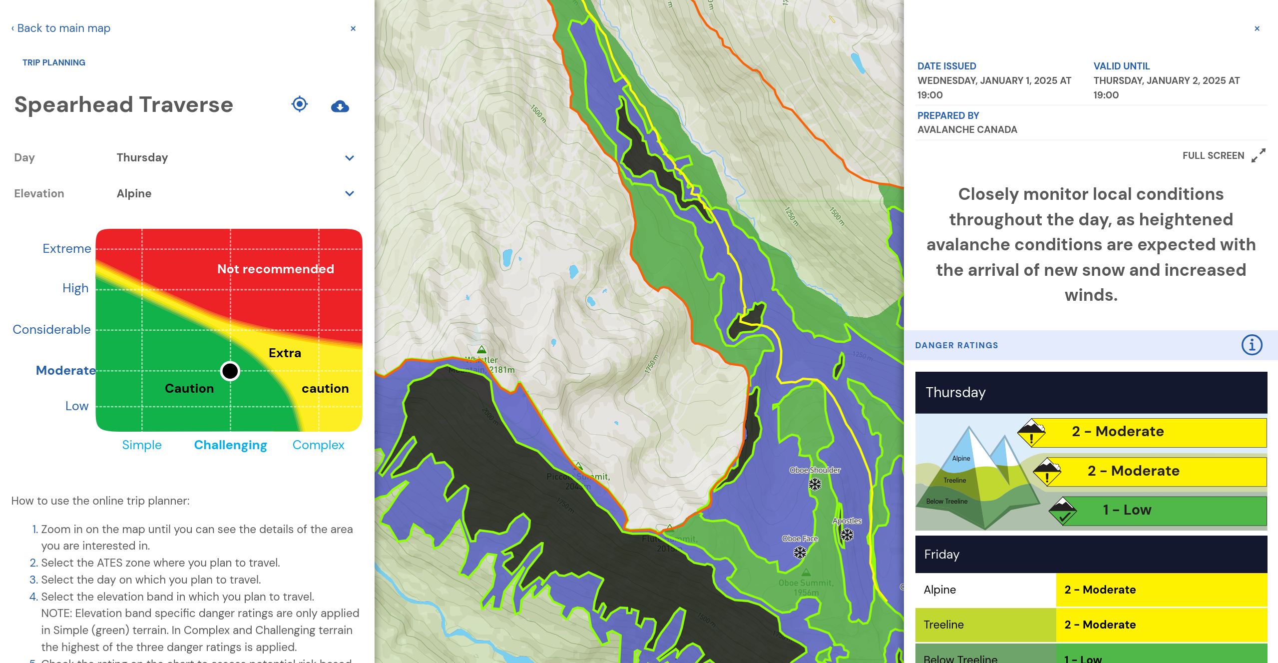 Avalanche CA Trip Planner for Spearhead Region, 20250102